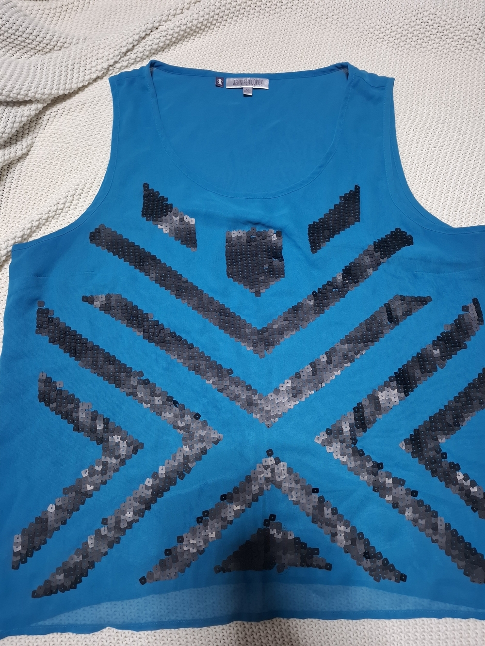 Jennifer Lopez Bright Blue Sleeveless Tank with Black & Silver Sequins